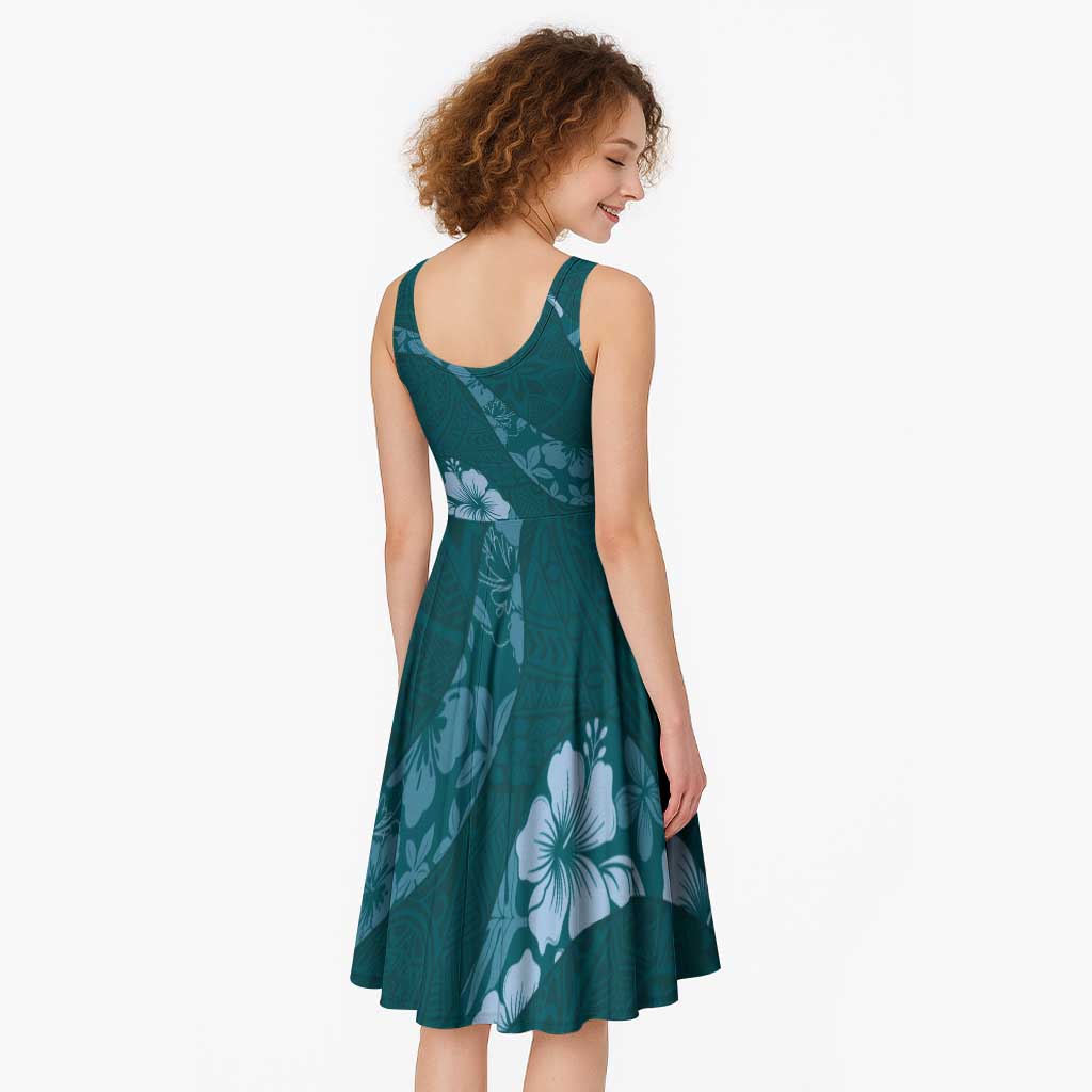Aloha Hawaii Floral Tapa Midi Dress Patchwork Teal LT7 - Polynesian Pride