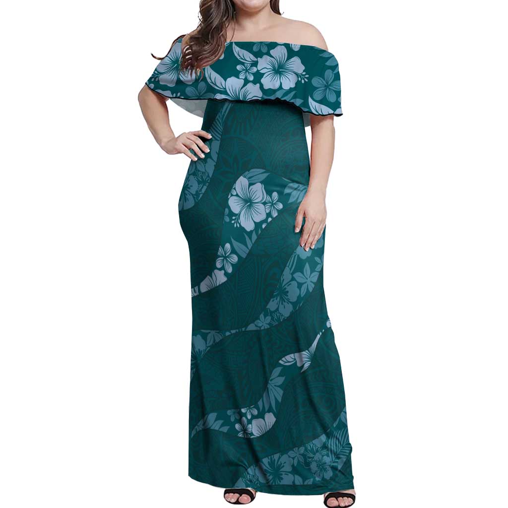 Aloha Hawaii Floral Tapa Off Shoulder Maxi Dress Patchwork Teal LT7 Women Teal - Polynesian Pride