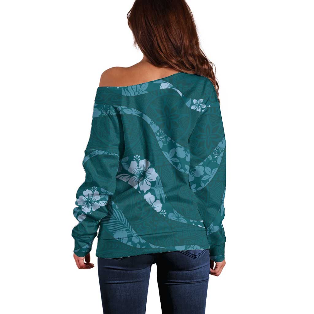 Aloha Hawaii Floral Tapa Off Shoulder Sweater Patchwork Teal LT7 - Polynesian Pride