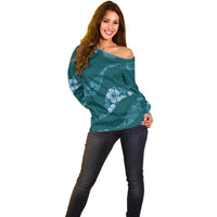 Aloha Hawaii Floral Tapa Off Shoulder Sweater Patchwork Teal LT7 - Polynesian Pride