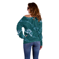 Aloha Hawaii Floral Tapa Off Shoulder Sweater Patchwork Teal LT7 - Polynesian Pride