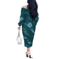 Aloha Hawaii Floral Tapa Off The Shoulder Long Sleeve Dress Patchwork Teal LT7 - Polynesian Pride
