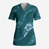 Aloha Hawaii Floral Tapa Scrub Top Patchwork Teal LT7 Adult Teal - Polynesian Pride