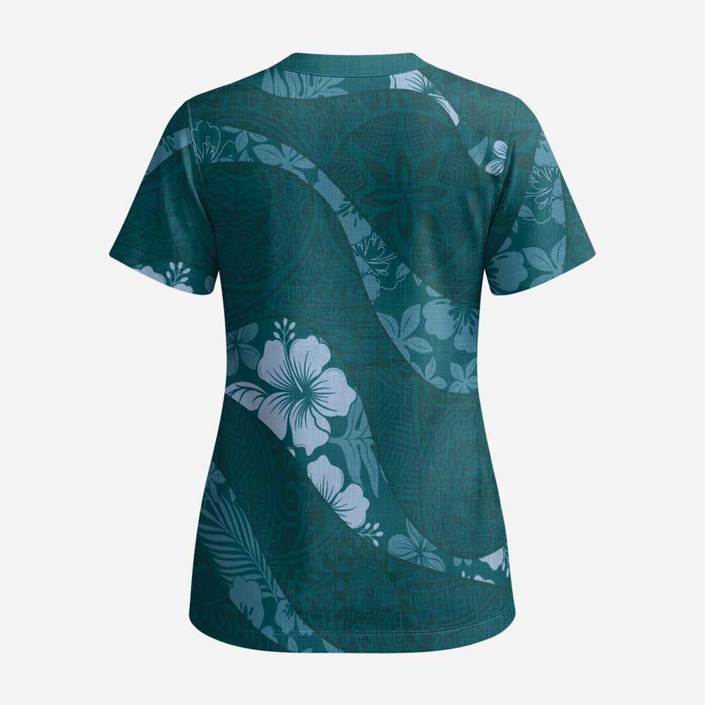 Aloha Hawaii Floral Tapa Scrub Top Patchwork Teal LT7 - Polynesian Pride