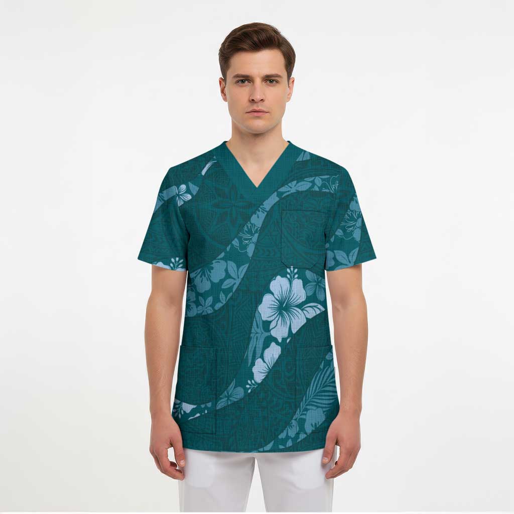 Aloha Hawaii Floral Tapa Scrub Top Patchwork Teal LT7 - Polynesian Pride