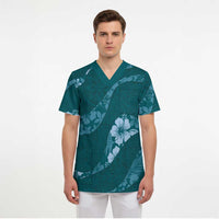 Aloha Hawaii Floral Tapa Scrub Top Patchwork Teal LT7 - Polynesian Pride