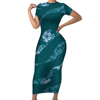 Aloha Hawaii Floral Tapa Short Sleeve Bodycon Dress Patchwork Teal LT7 Long Dress Teal - Polynesian Pride