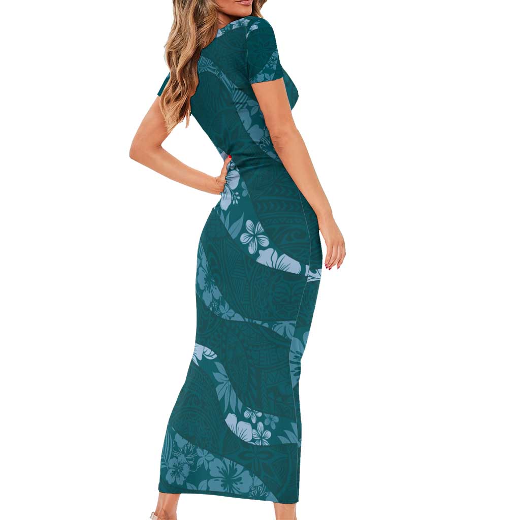 Aloha Hawaii Floral Tapa Short Sleeve Bodycon Dress Patchwork Teal LT7 - Polynesian Pride