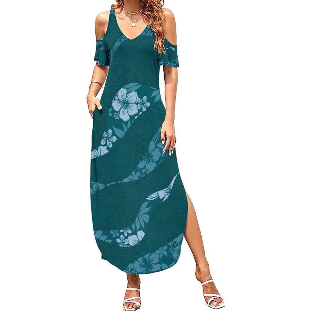 Aloha Hawaii Floral Tapa Summer Maxi Dress Patchwork Teal LT7 Women Teal - Polynesian Pride