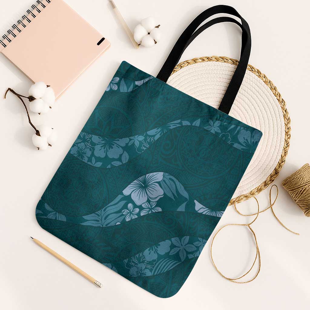 Aloha Hawaii Floral Tapa Tote Bag Patchwork Teal LT7 Black Strap One Size Teal - Polynesian Pride