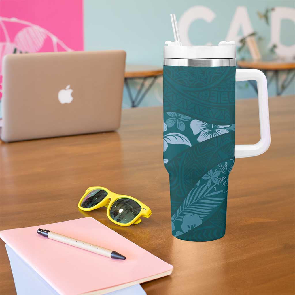 Aloha Hawaii Floral Tapa Tumbler With Handle Patchwork Teal LT7 - Polynesian Pride