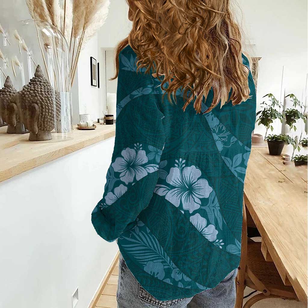 Aloha Hawaii Floral Tapa Women Casual Shirt Patchwork Teal LT7 - Polynesian Pride