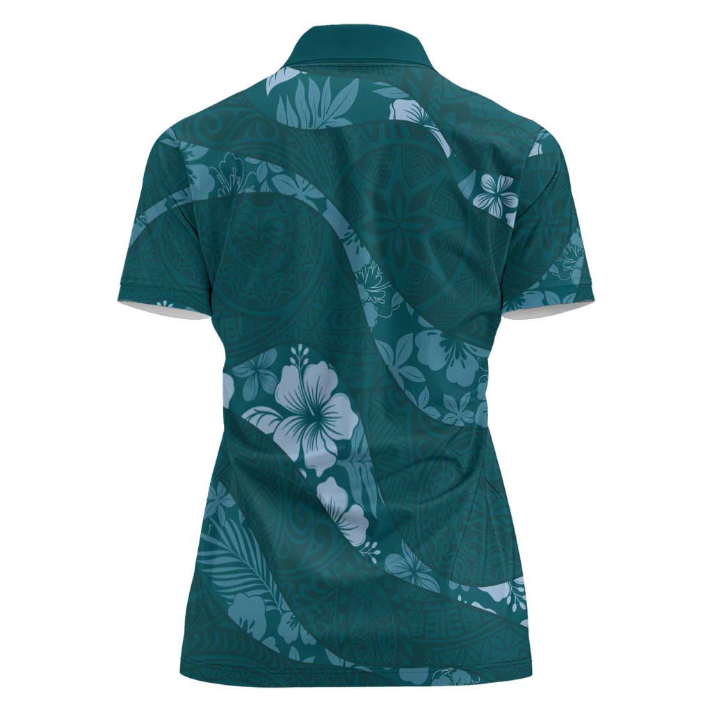 Aloha Hawaii Floral Tapa Women Polo Shirt Patchwork Teal LT7 - Polynesian Pride