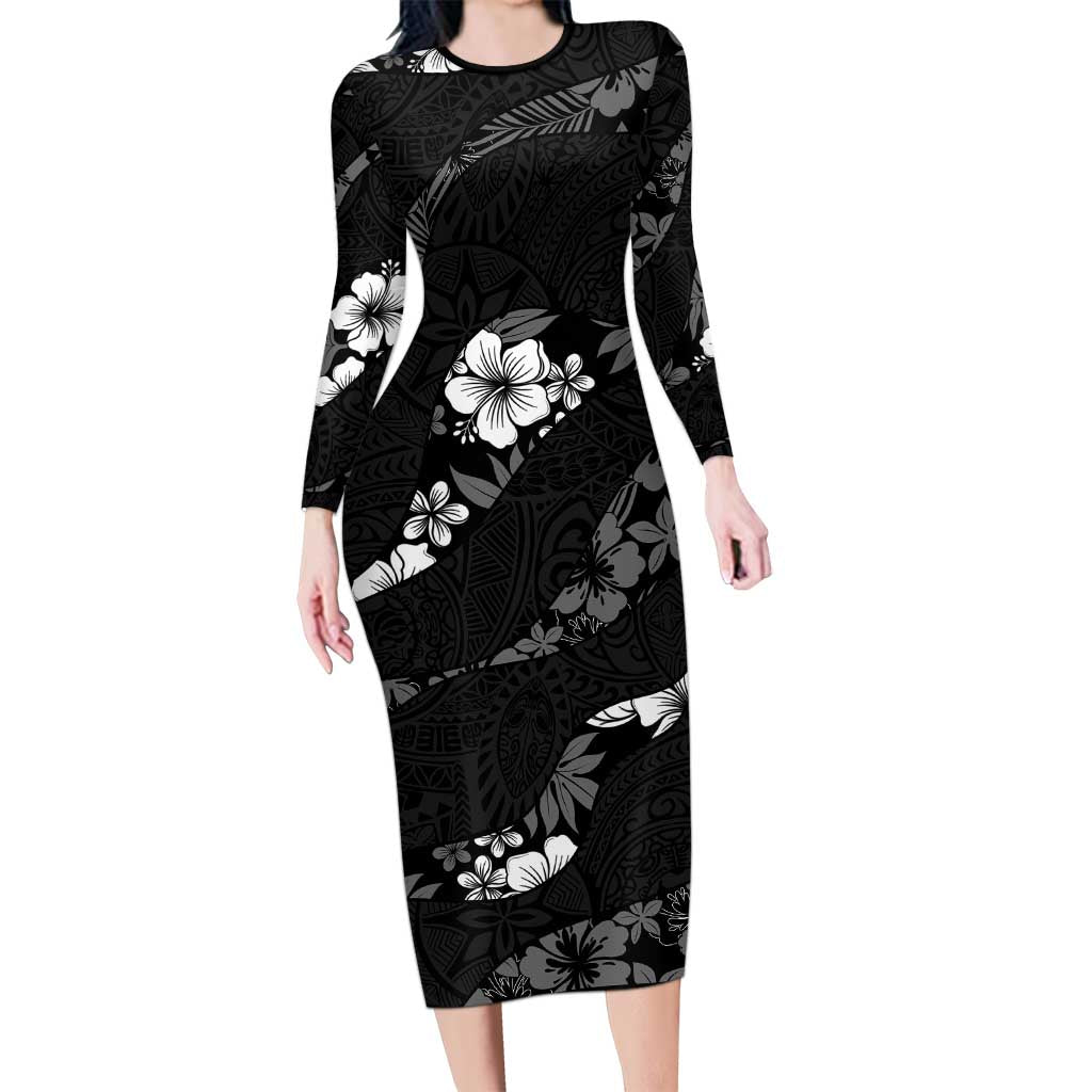 Aloha Hawaii Floral Tapa Long Sleeve Bodycon Dress Patchwork Charcoal LT7 Long Dress Charcoal - Polynesian Pride