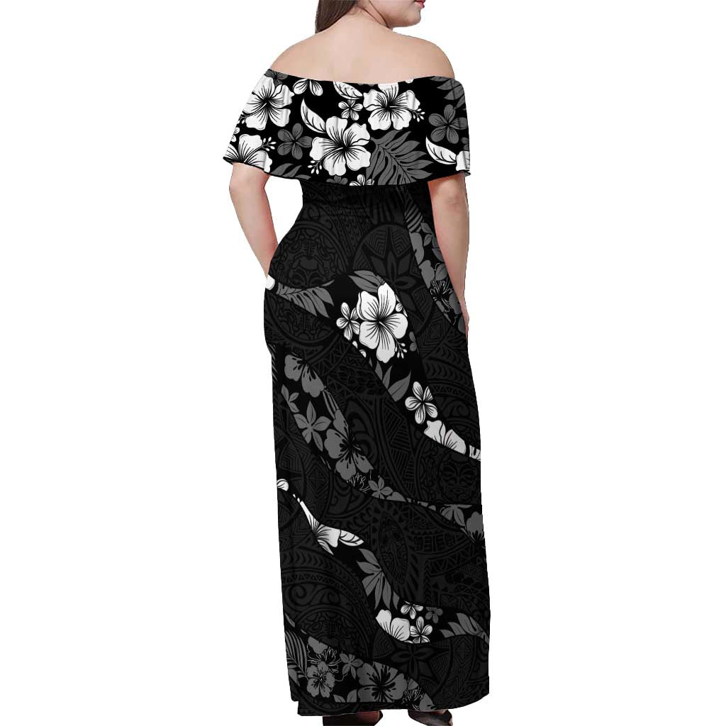 Aloha Hawaii Floral Tapa Off Shoulder Maxi Dress Patchwork Charcoal LT7 - Polynesian Pride