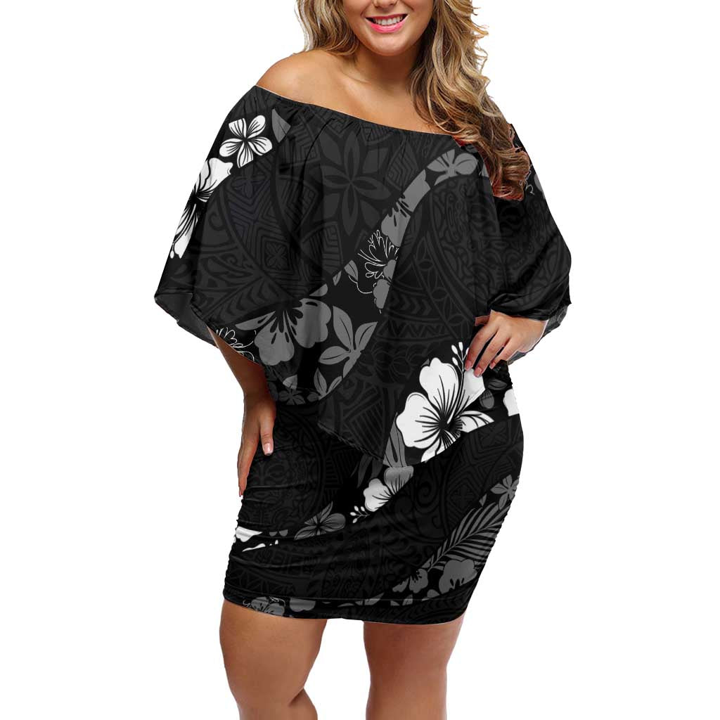 Aloha Hawaii Floral Tapa Off Shoulder Short Dress Patchwork Charcoal LT7 Women Charcoal - Polynesian Pride