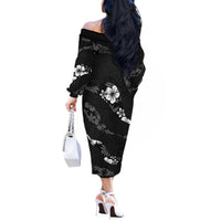 Aloha Hawaii Floral Tapa Off The Shoulder Long Sleeve Dress Patchwork Charcoal LT7 - Polynesian Pride