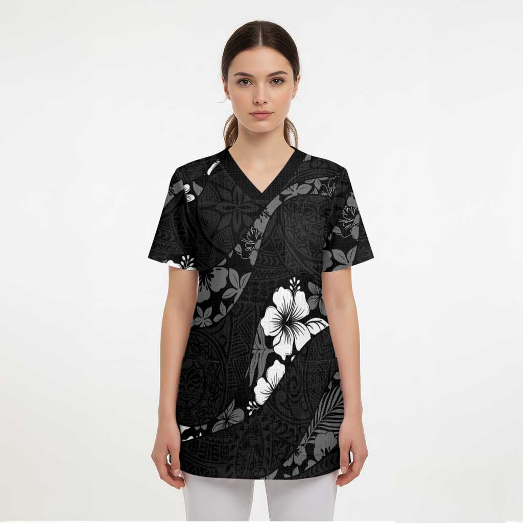 Aloha Hawaii Floral Tapa Scrub Top Patchwork Charcoal LT7 - Polynesian Pride