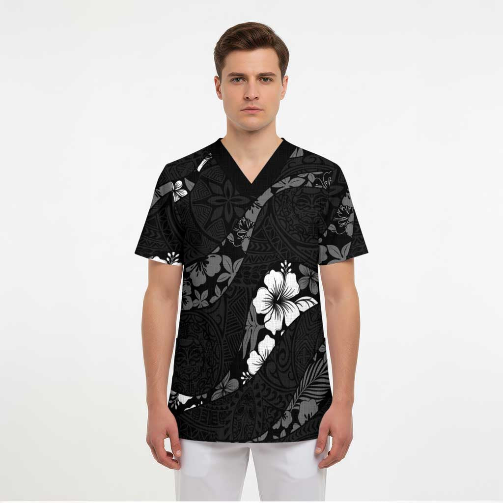 Aloha Hawaii Floral Tapa Scrub Top Patchwork Charcoal LT7 - Polynesian Pride