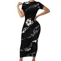 Aloha Hawaii Floral Tapa Short Sleeve Bodycon Dress Patchwork Charcoal LT7 Long Dress Charcoal - Polynesian Pride