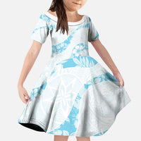 Aloha Hawaii Floral Tapa Kid Short Sleeve Dress Patchwork Turquoise LT7 KID Turquoise - Polynesian Pride