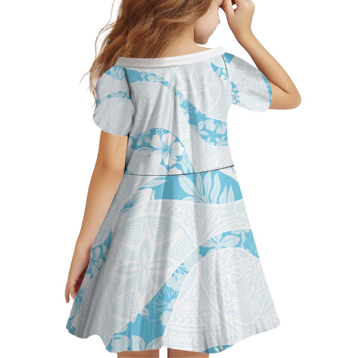 Aloha Hawaii Floral Tapa Kid Short Sleeve Dress Patchwork Turquoise LT7 - Polynesian Pride