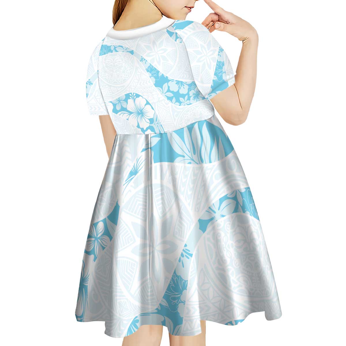 Aloha Hawaii Floral Tapa Kid Short Sleeve Dress Patchwork Turquoise LT7 - Polynesian Pride