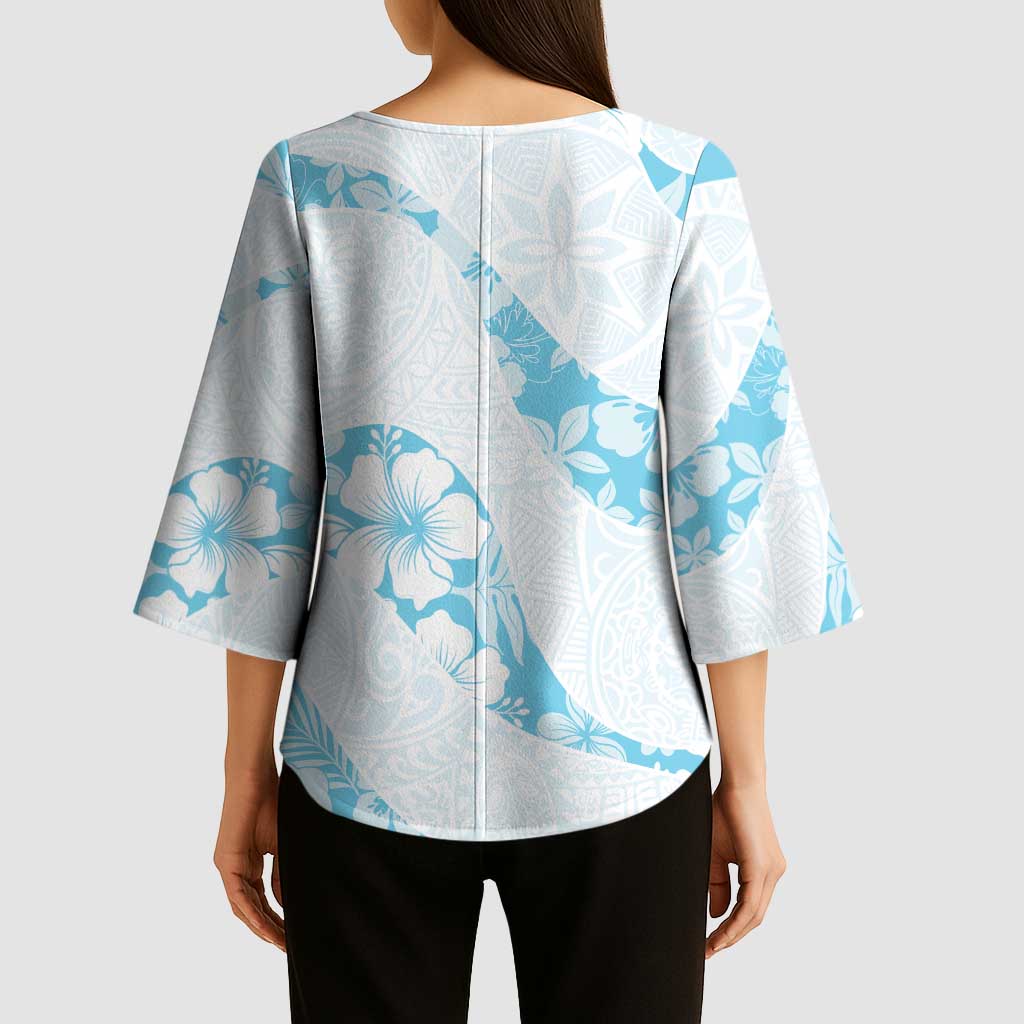 Aloha Hawaii Floral Tapa Kimono Sleeve Blouse Patchwork Turquoise LT7 - Polynesian Pride