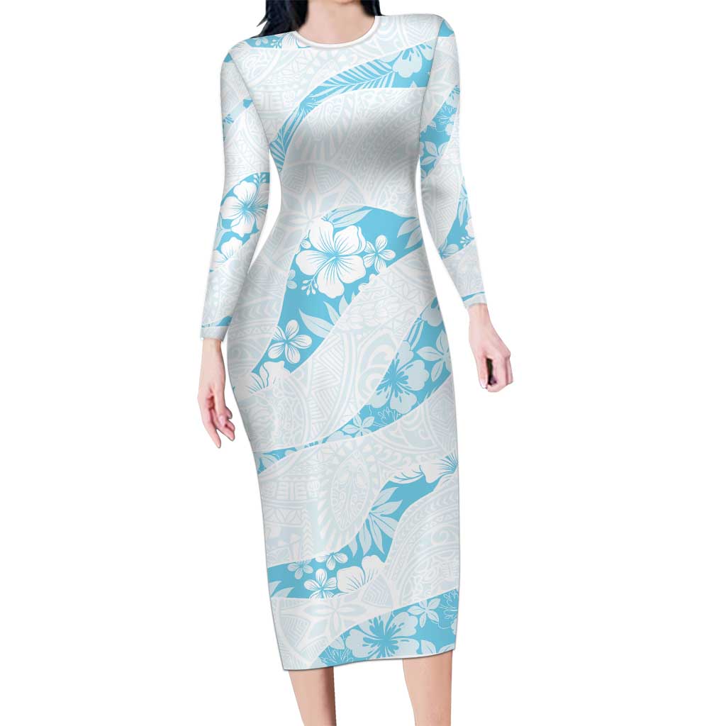Aloha Hawaii Floral Tapa Long Sleeve Bodycon Dress Patchwork Turquoise LT7 Long Dress Turquoise - Polynesian Pride