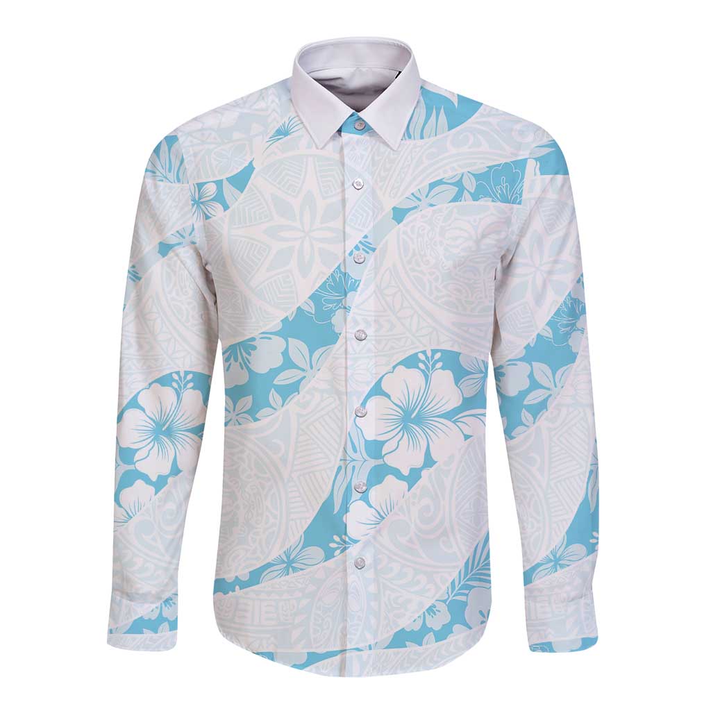 Aloha Hawaii Floral Tapa Long Sleeve Button Shirt Patchwork Turquoise LT7 Unisex Turquoise - Polynesian Pride