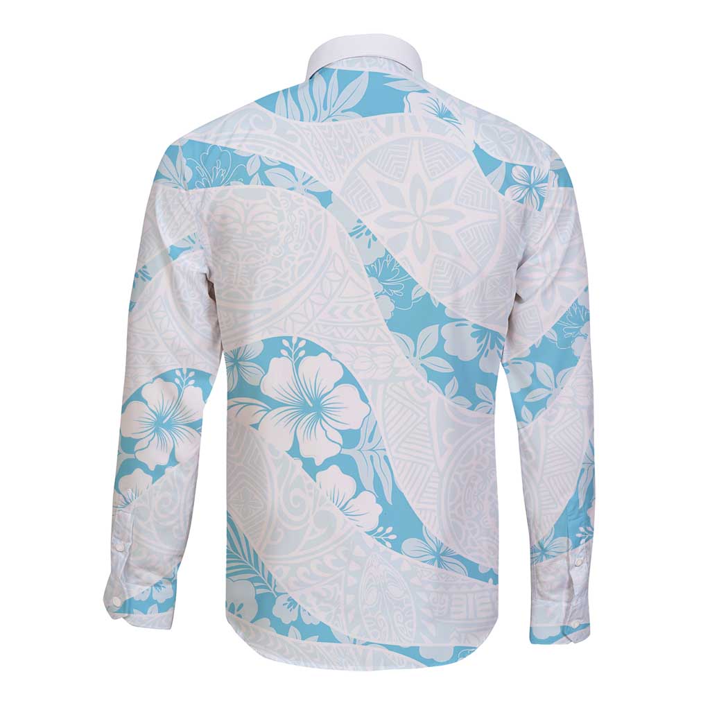 Aloha Hawaii Floral Tapa Long Sleeve Button Shirt Patchwork Turquoise LT7 - Polynesian Pride