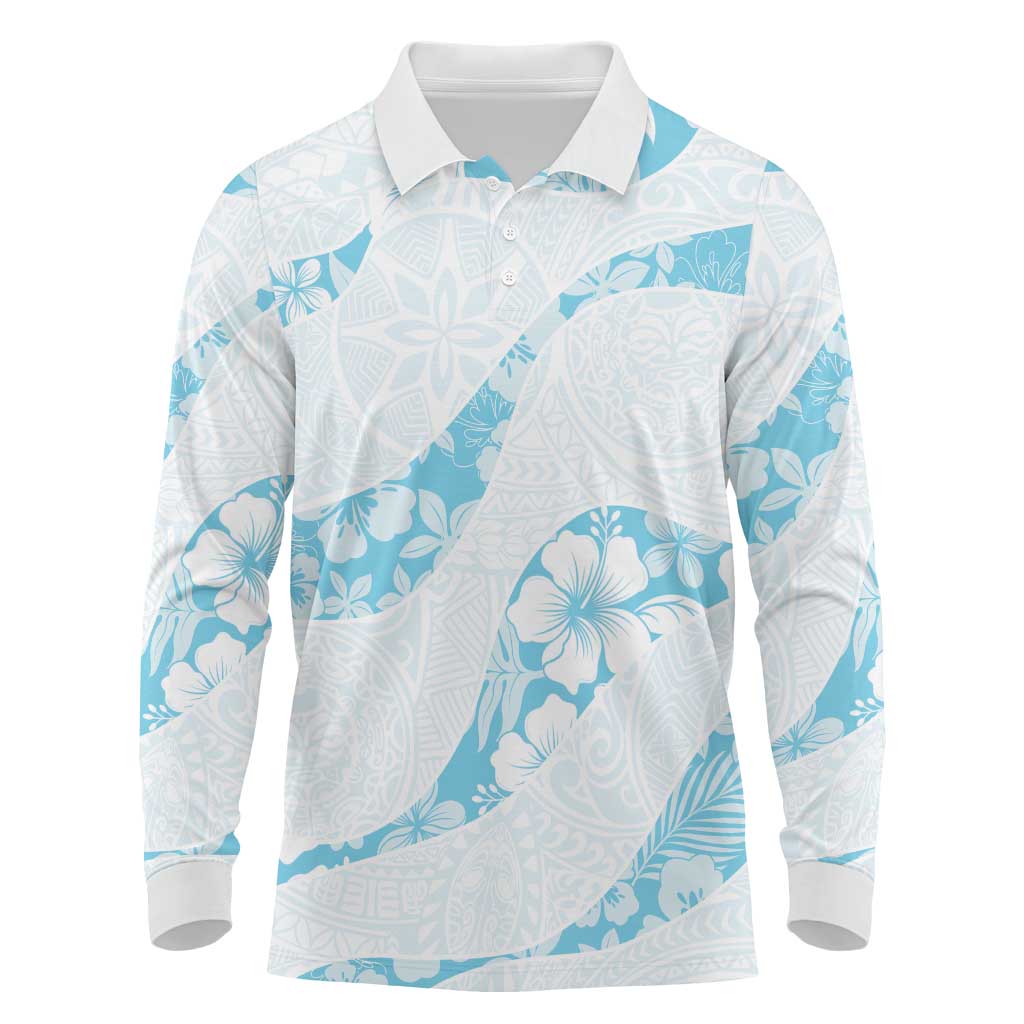 Aloha Hawaii Floral Tapa Long Sleeve Polo Shirt Patchwork Turquoise LT7 Turquoise - Polynesian Pride