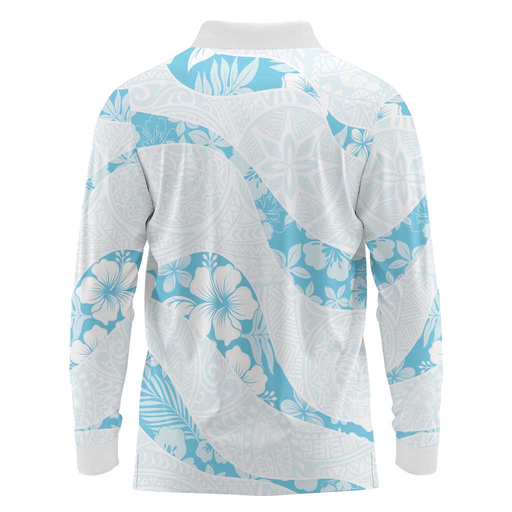 Aloha Hawaii Floral Tapa Long Sleeve Polo Shirt Patchwork Turquoise LT7 - Polynesian Pride