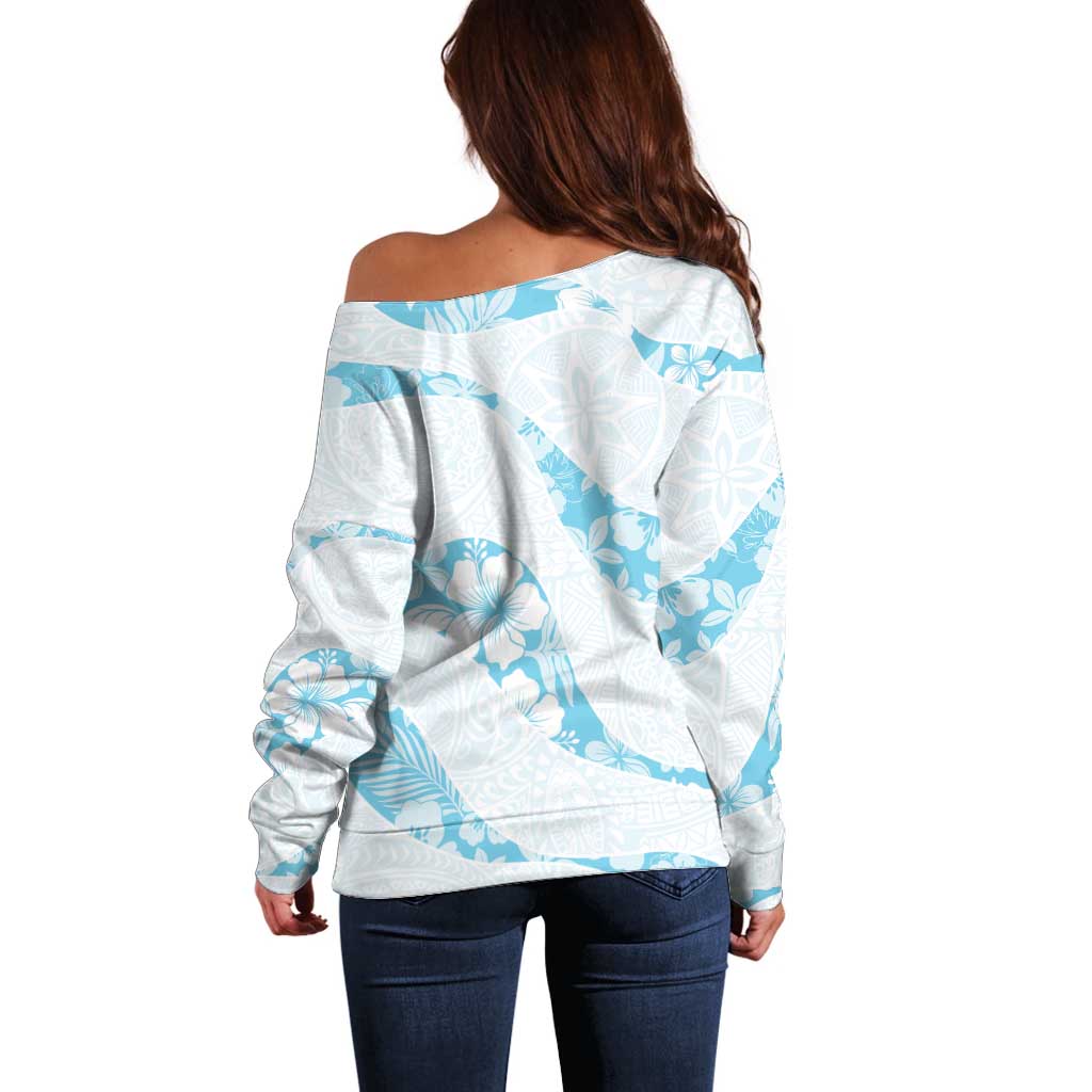 Aloha Hawaii Floral Tapa Off Shoulder Sweater Patchwork Turquoise LT7 - Polynesian Pride