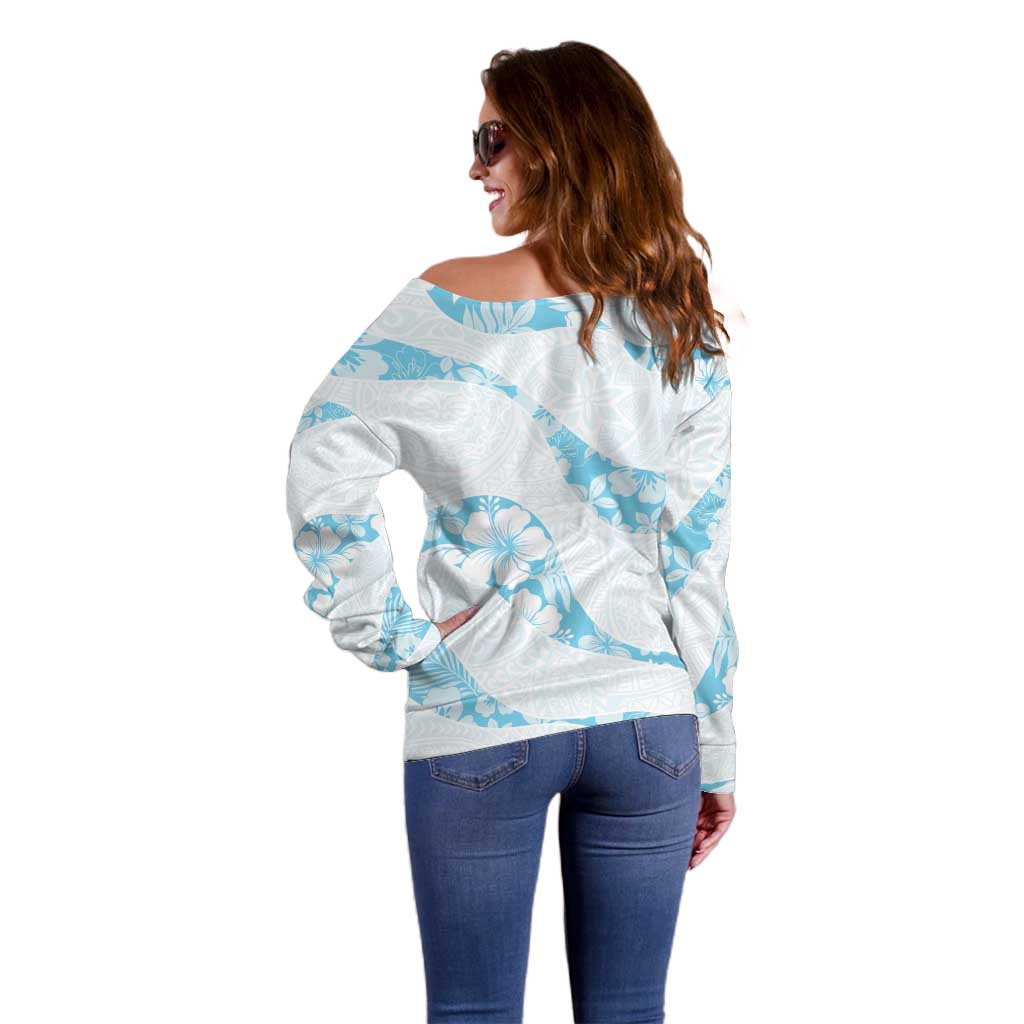 Aloha Hawaii Floral Tapa Off Shoulder Sweater Patchwork Turquoise LT7 - Polynesian Pride