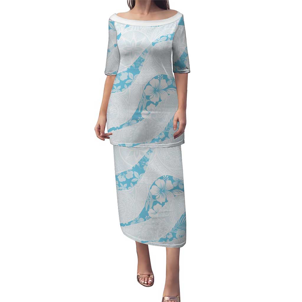 Aloha Hawaii Floral Tapa Puletasi Patchwork Turquoise LT7 Long Dress Turquoise - Polynesian Pride