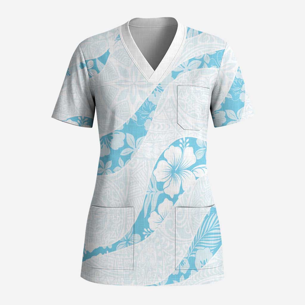 Aloha Hawaii Floral Tapa Scrub Top Patchwork Turquoise LT7 Adult Turquoise - Polynesian Pride