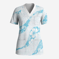 Aloha Hawaii Floral Tapa Scrub Top Patchwork Turquoise LT7 Adult Turquoise - Polynesian Pride