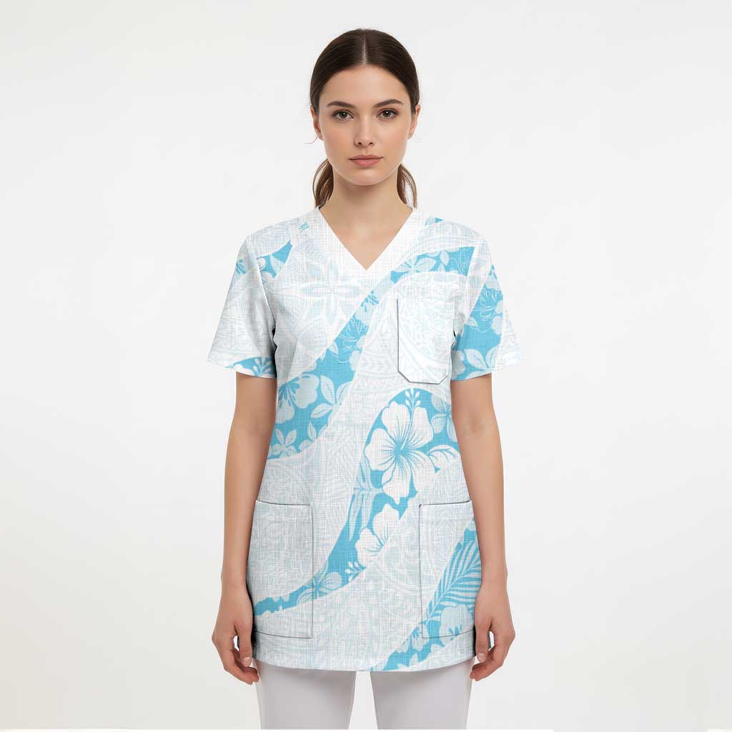 Aloha Hawaii Floral Tapa Scrub Top Patchwork Turquoise LT7 - Polynesian Pride