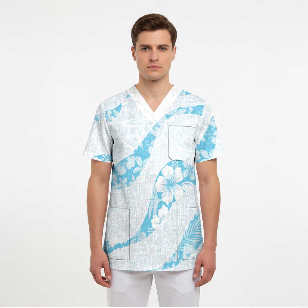 Aloha Hawaii Floral Tapa Scrub Top Patchwork Turquoise LT7 - Polynesian Pride