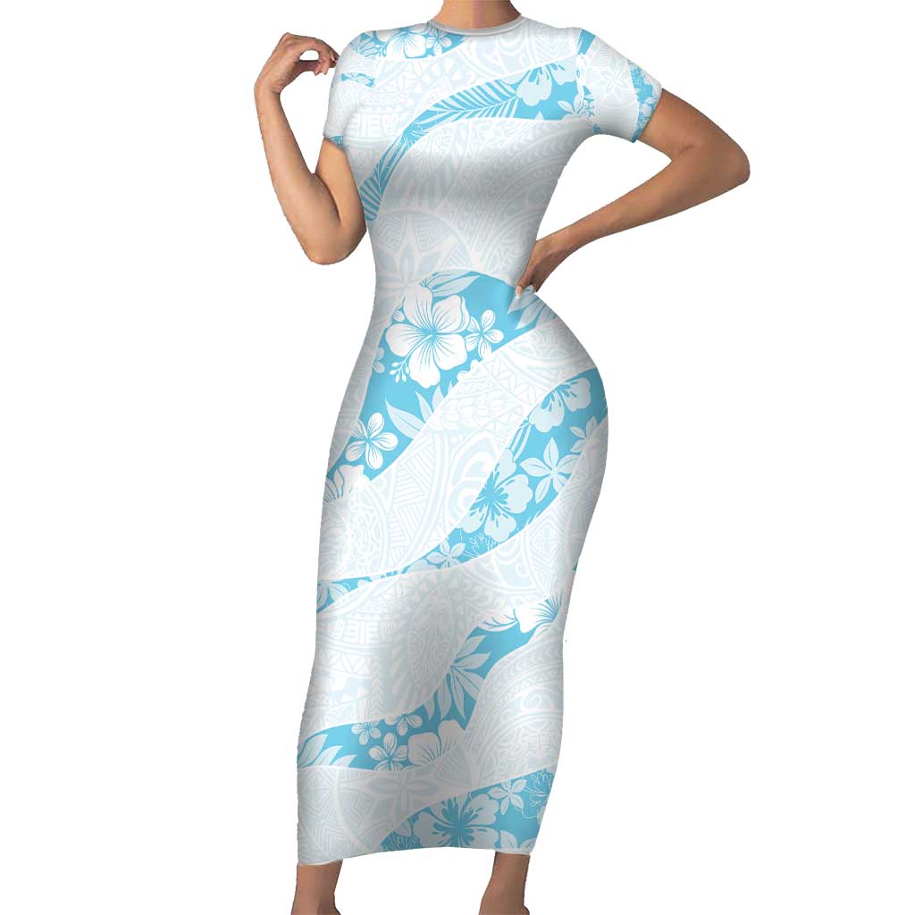 Aloha Hawaii Floral Tapa Short Sleeve Bodycon Dress Patchwork Turquoise LT7 Long Dress Turquoise - Polynesian Pride