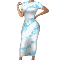 Aloha Hawaii Floral Tapa Short Sleeve Bodycon Dress Patchwork Turquoise LT7 Long Dress Turquoise - Polynesian Pride