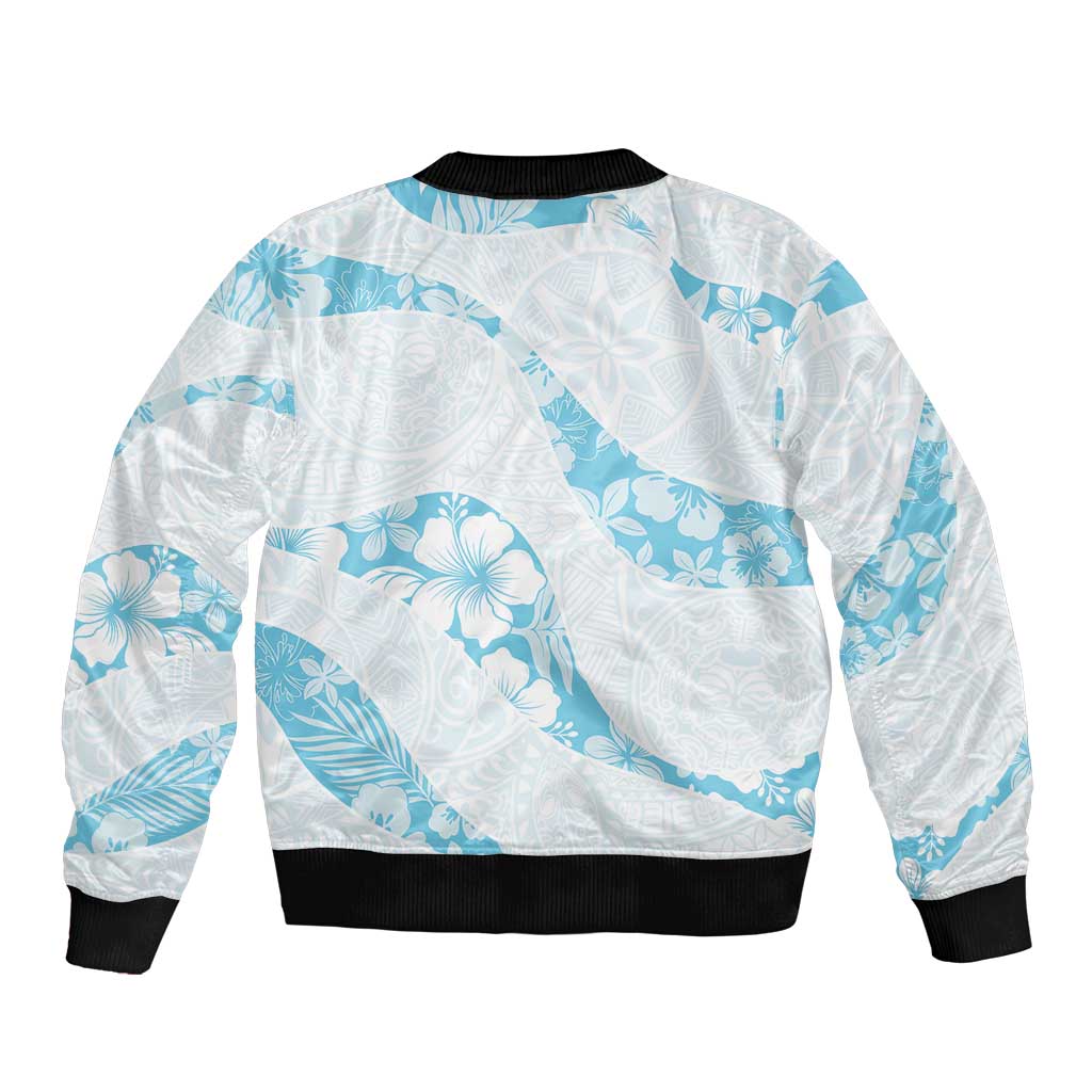 Aloha Hawaii Floral Tapa Sleeve Zip Bomber Jacket Patchwork Turquoise LT7 - Polynesian Pride