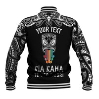 Personalised Kia Kaha Te Reo Maori Baseball Jacket Hei Tiki Mix Koru - Black LT7 - Polynesian Pride