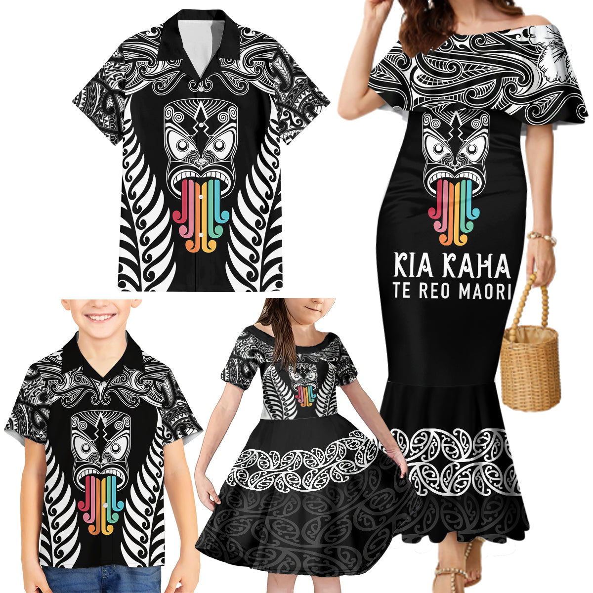 personalised-kia-kaha-te-reo-maori-family-matching-mermaid-dress-and-hawaiian-shirt-hei-tiki-mix-koru-black