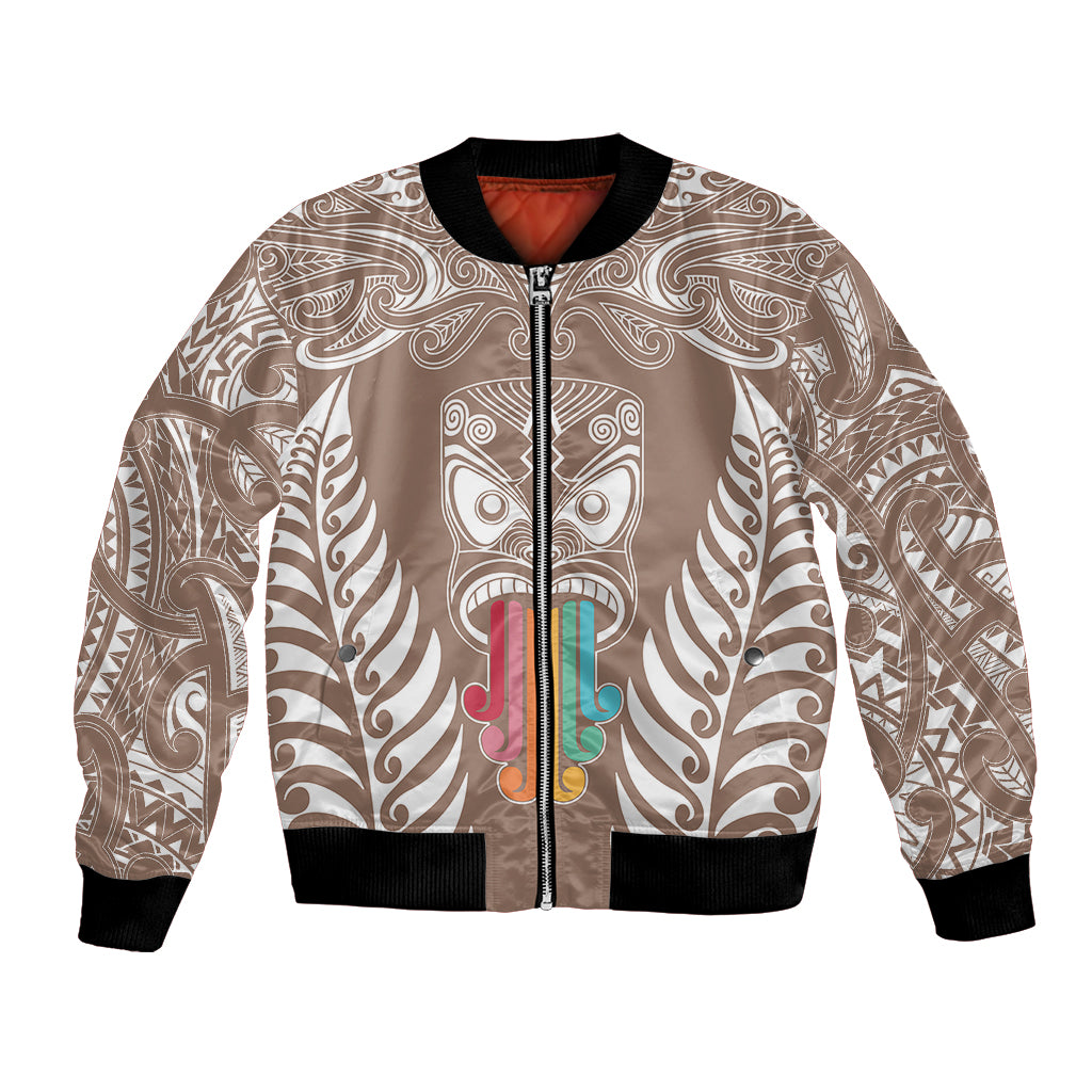 Personalised Kia Kaha Te Reo Maori Bomber Jacket Hei Tiki Mix Koru - Brown LT7 Unisex Brown - Polynesian Pride