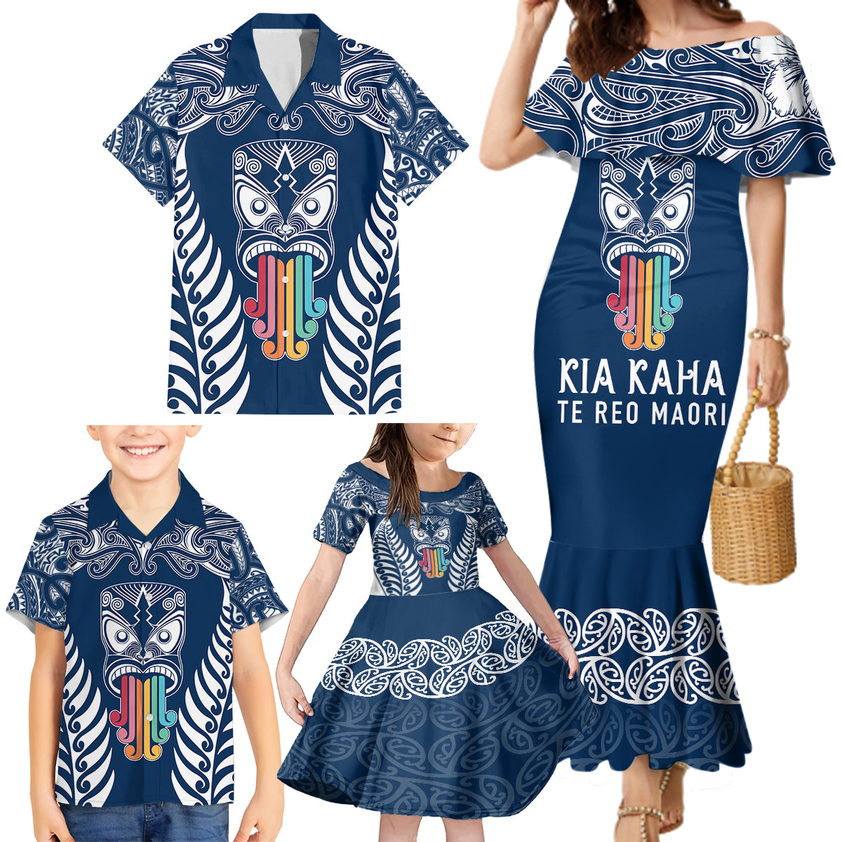 personalised-kia-kaha-te-reo-maori-family-matching-mermaid-dress-and-hawaiian-shirt-hei-tiki-mix-koru-navy-blue