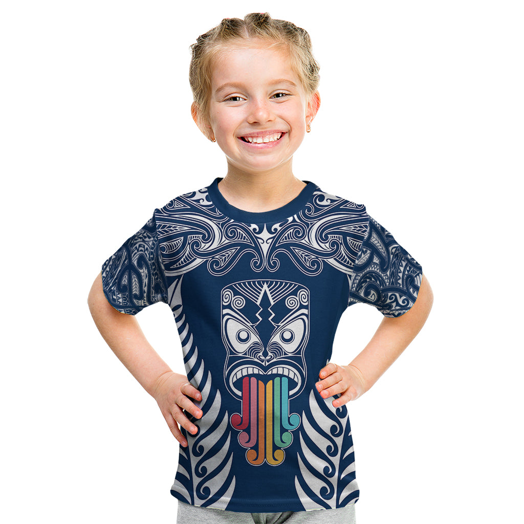 Personalised Kia Kaha Te Reo Maori Kid T Shirt Hei Tiki Mix Koru - Navy Blue LT7 Navy - Polynesian Pride