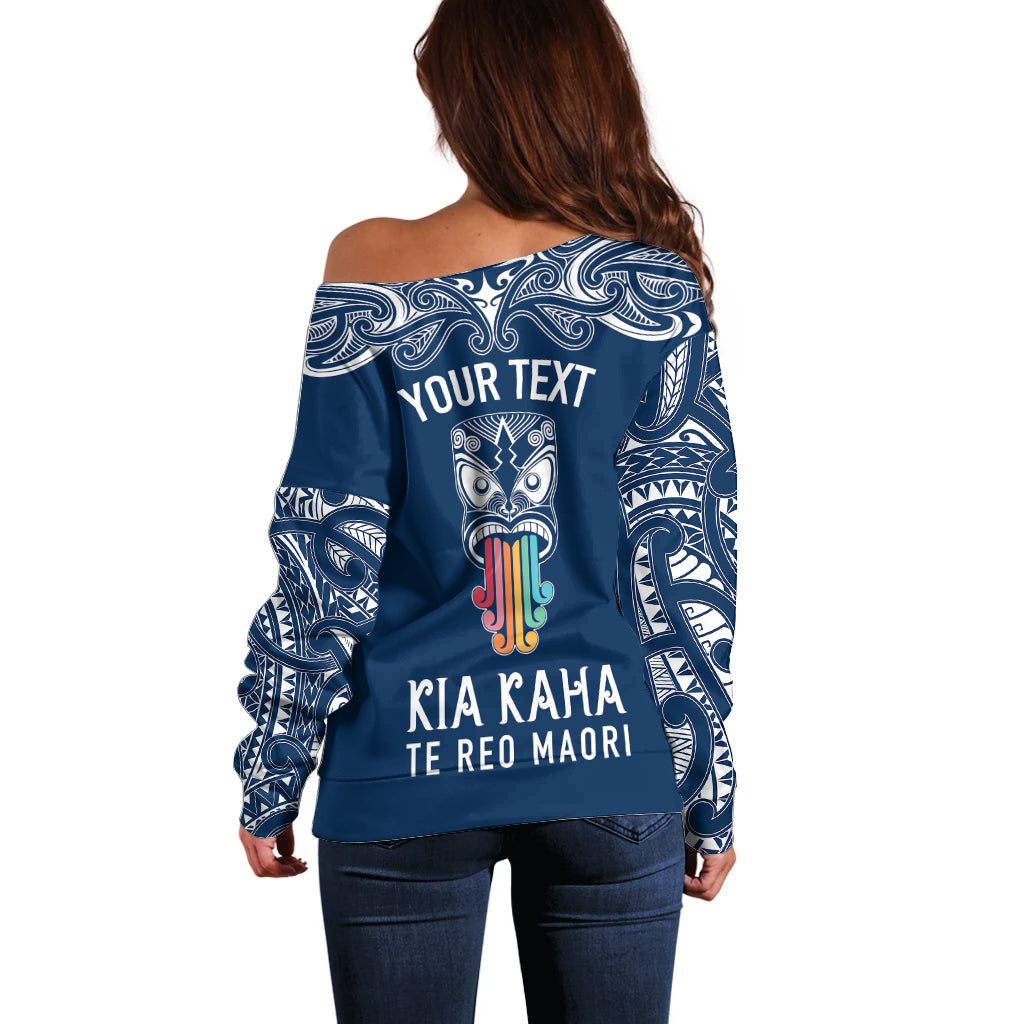 Personalised Kia Kaha Te Reo Maori Off Shoulder Sweater Hei Tiki Mix Koru - Navy Blue LT7 - Polynesian Pride