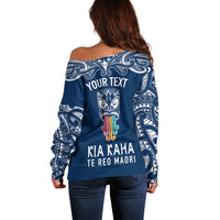 Personalised Kia Kaha Te Reo Maori Off Shoulder Sweater Hei Tiki Mix Koru - Navy Blue LT7 - Polynesian Pride